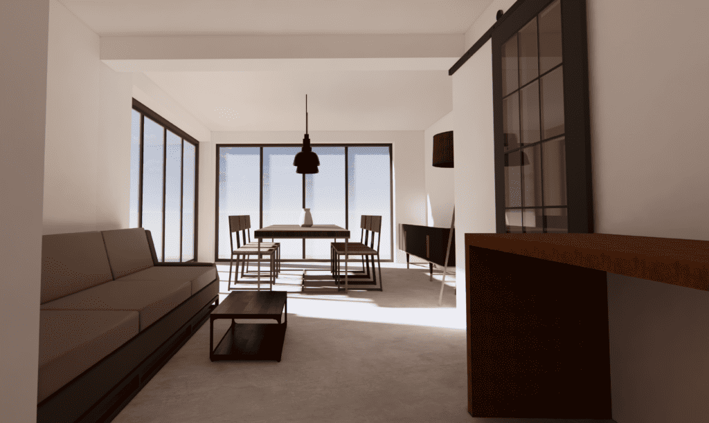 Evening render of living room using solar shading