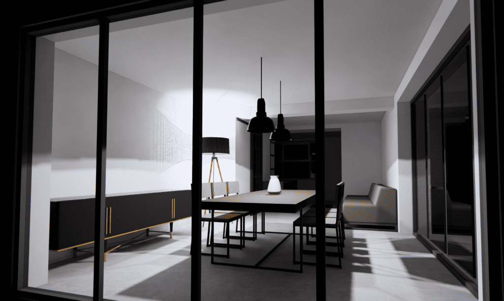 Night render showing the lighting of the new extension