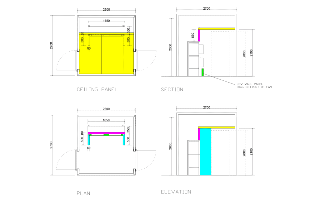 Plan, elevations and sections of a blast chiller