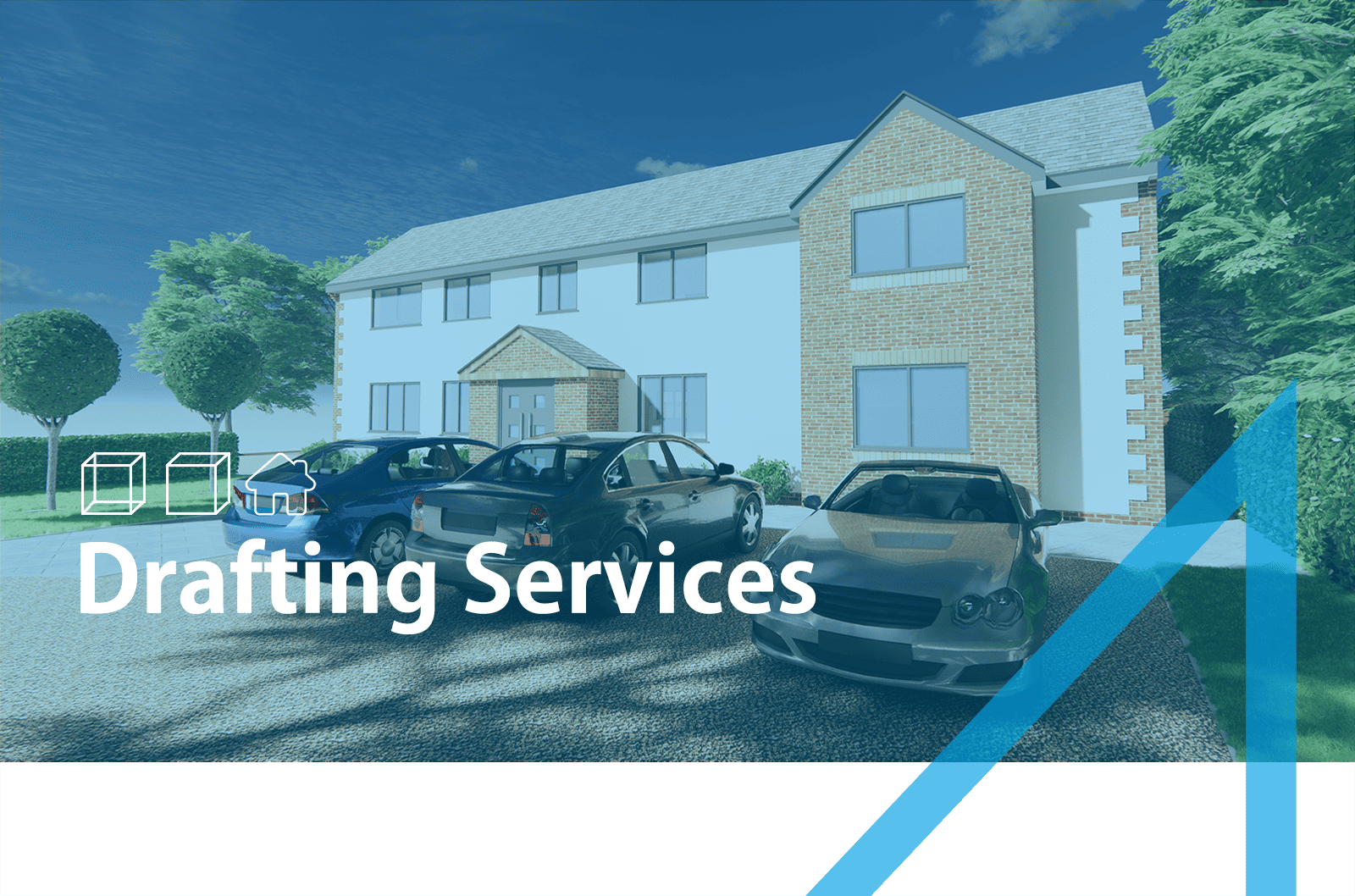 CAD8 Banner showing Drafting services with a image of a 3D Rendered House