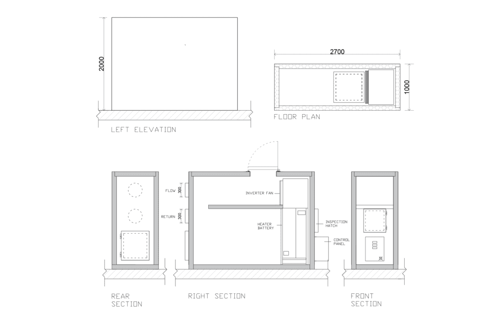 Elevations and plans showing a cryo testing chamber cold room