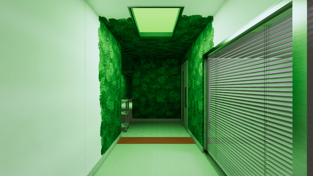 3D model of a hospital corridor showing wayfinding system
