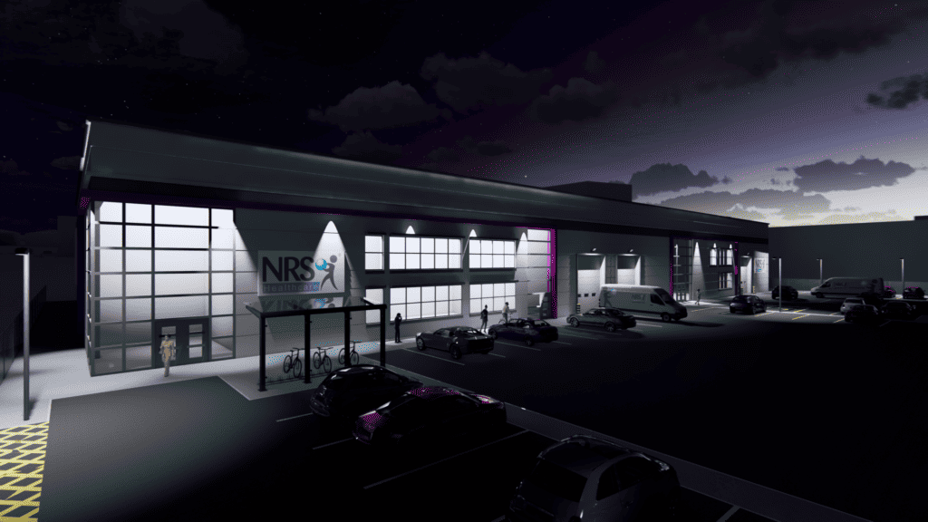 Night time render of factory with lighting