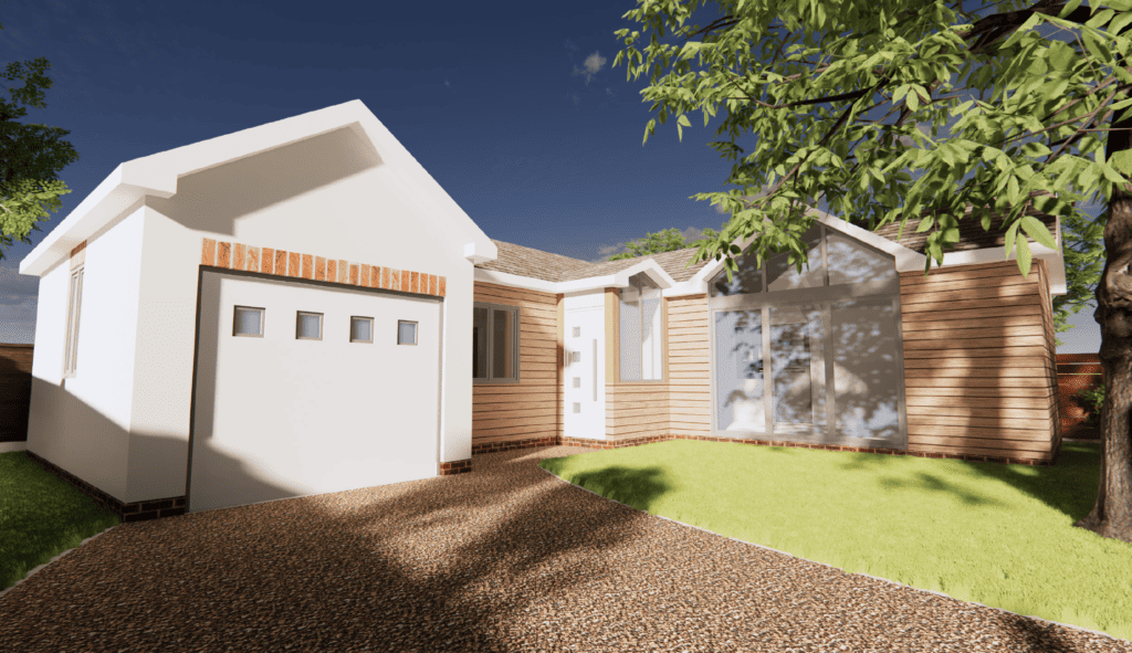 exterior model visual featuring timber cladding and driveway