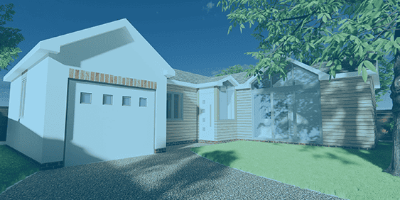 Post image showing exterior rendered model, timber and render cladding